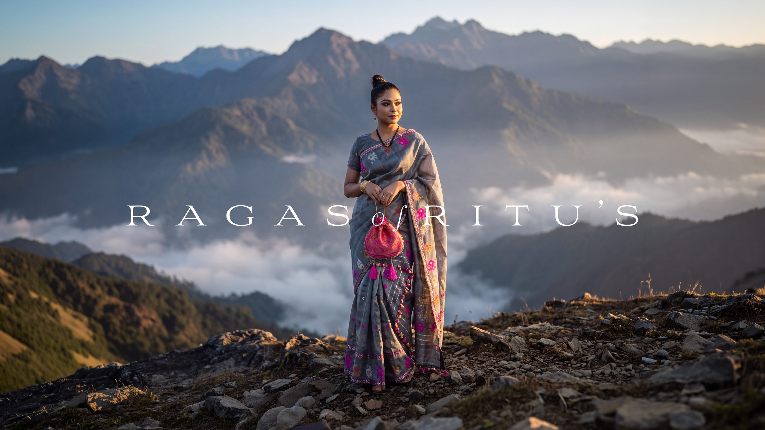 Ragas of Ritu's — grey Mekhela Sador on the mountain ridge